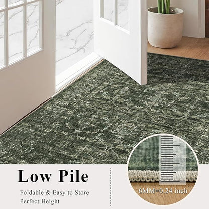 3x5 Washable Area Rugs for Living Room, Vintage Boho Large Rug for Bedroom Dining Room Office, Distressed Floral Print Carpet for Under Table, Soft Non Slip Low Pile Throw Carpet Indoor Mat, Green