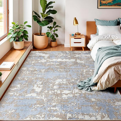 WITSHOCK Abstract Dining Room Rugs for Under Table: 7x9 Washable Blue Area Rug for Living Room, Low Pile Non-Slip Rugs for Bedroom Under Bed - Neutral Modern Decor & Stain Resistance - Blue/Multi