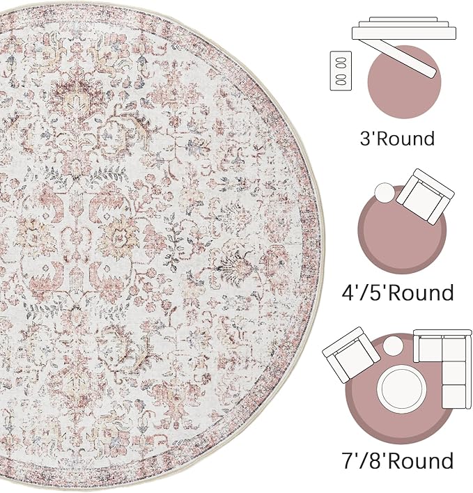 jinchan Kalen Round Rug 6ft Area Rug Washable Vintage Indoor Retro Accent Floor Cover Distressed Floral 6' Round Circle Boho Non Slip Thin Carpet for Living Room Dining Room Bedroom Kitchen Red