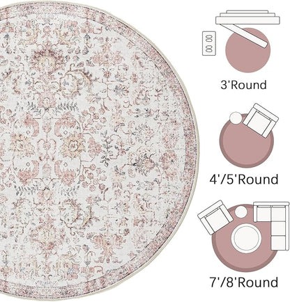 jinchan Kalen Round Rug 8ft Area Rug Washable Vintage Indoor Retro Accent Floor Cover Distressed Floral 8' Round Circle Boho Non Slip Thin Carpet for Living Room Dining Room Bedroom Kitchen Red