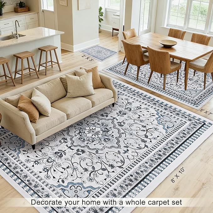 Luxury 5' x 7' Blue Washable Area Rugs, Boho Low Pile Easy Clean Non-Slip Rug, Floral Medallion Pattern Vintage Rugs for Living Room, Dinning Room, Office, Bedroom, Bathroom, Laundry Room, Farmhouse