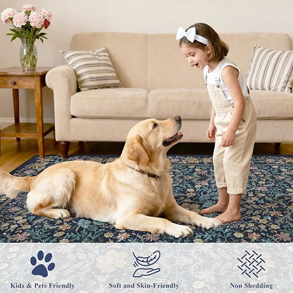DUKINO 2x6 Runner Rug for Hallway, Washable Vintage Floral Kitchen Rug with Non Slip Backing, Soft Low Pile Throw Carpet Runner for Kitchen, Laundry, Hallway, Bathroom, Dark Blue