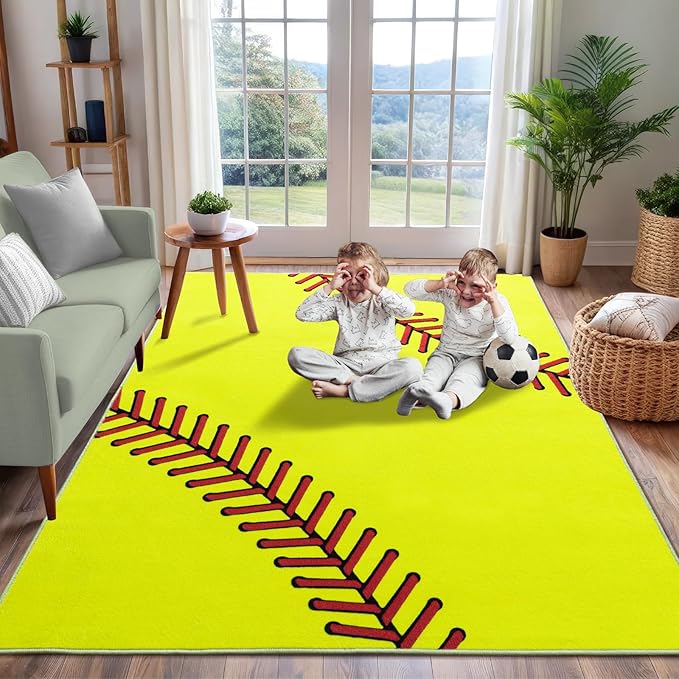 Soft Area Rugs for Bedroom, Softball Gifts for Softballs Lovers, Kids Toddlers Sport Softball Rug, Indoor Floor Boys Room Decor Carpet for Living Room, Dorms, Nursery Room, 5X7 Ft