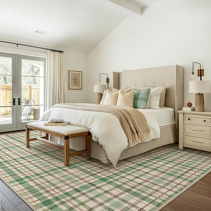 Bavni 3x5 Washable Rug Modern Plaid Area Rugs Non-Slip, Small Rugs for Hallway Throw Rugs Soft Low Pile Stain Resistant Bedroom, Living Room, Kitchen, Home Decor, Green Plaid