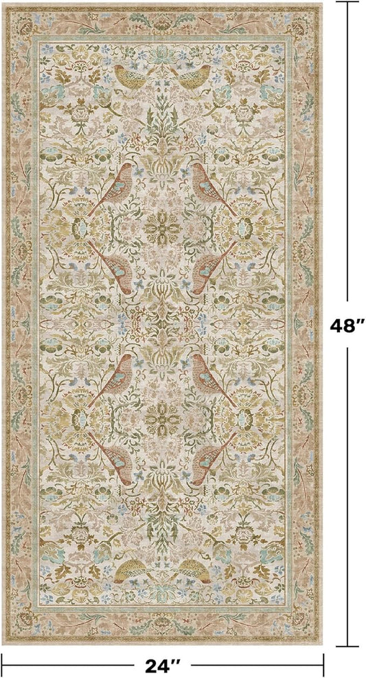 Beige Small Throw Rug for Entryway 2x4 Washable Non Slip - Soft Low Pile Boho Bathroom Rugs for Kitchen, Powder Room - Unique Farmhouse Bird & Pattern Botanical Decorative Door Mats