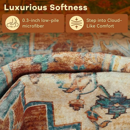 YJ.GWL Area Rugs for Living Room 4x6 Machine Washable Rugs for Bedroom, Non Slip Floral Vintage Rug Indoor Carpet, Stain Resistant Throw Rug for Dining Room Kitchen, Brick Orange