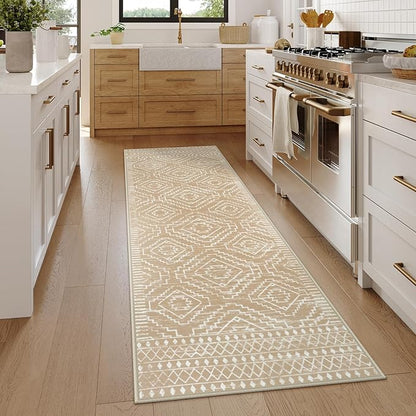 Wonnitar Moroccan Washable Kitchen Runner Rug 2'6"x8', Non-Slip Boho Rug Runners for Hallways, Farmhouse Floor Carpet Soft Runner for Bathroom Hall Entyway (Kakhi,2'6"x8')