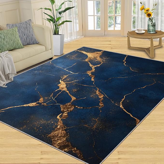 8x10 Abstract Marble Rugs for Living Room - Dark-Blue-Marble Large Area Rug, Luxury Stone Pattern Modern Boy Nursery Rug Soft Washable for Classroom Office Bedroom Kids Room