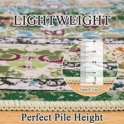 U'Artlines Boho Vintage Round Area Rug 8ft Machine Washable Low Pile Soft Floor Carpet Non Slip Non Shedding Accent Rug for Living Room Bedroom Entryway Dining Room Office Green
