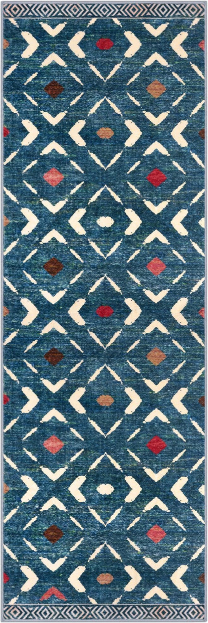 KILOCOCO Hallway Runner Rug 2.6'x8' Runners for Hallways Washable Runner Soft Non Slip Printed Geometric Low-Pile Rugs Runners for Bedroom Kitchen Living Room Boho Rugs, Teal/Blue