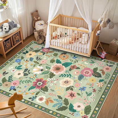 Floral 6x9 Area Rug Machine Washable Soft Print Boho Carpet Non Slip Doormat Low Pile Flower Area Rugs for Living Room Bedroom Nursery Kitchen Dining Room Indoor-Light Green