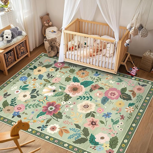 Floral 6x9 Area Rug Machine Washable Soft Print Boho Carpet Non Slip Doormat Low Pile Flower Area Rugs for Living Room Bedroom Nursery Kitchen Dining Room Indoor-Light Green