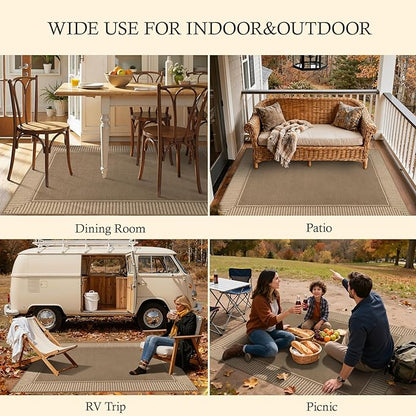 Moynesa Brown Striped Border Easy Jute Outdoor Indoor 5x7 Area Rugs for Living Room, Washable Non Slip Rug for Backyard Patio Balcony Dining Room Bedroom, Farmhouse Carpet for Fall Winter Decor