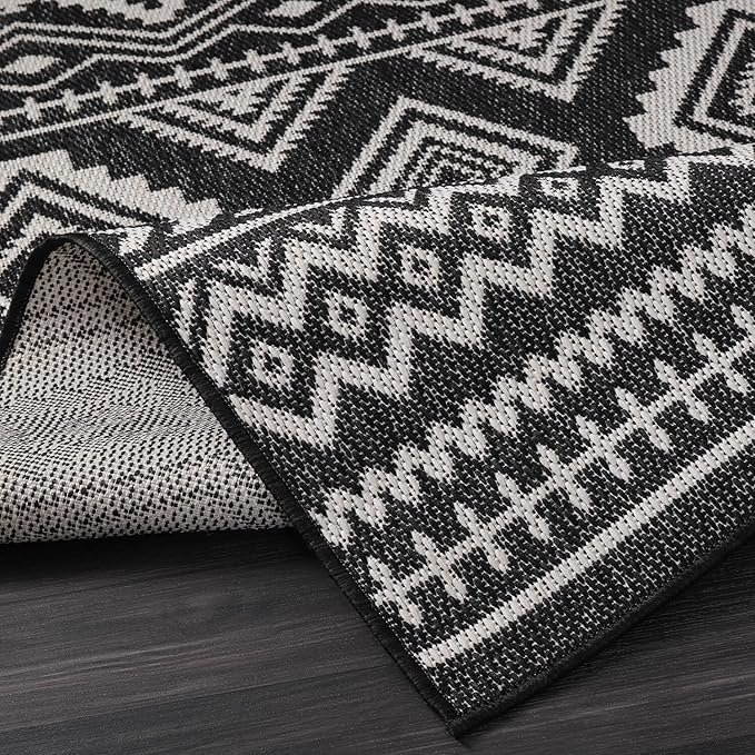 Beverly Rug Waikiki Boho Indoor Outdoor Rug 6x9, Washable Outside Carpet for Patio, Deck, Porch, Bohemian Area Rug, Farmhouse Rugs, Aztec Tribal Rug, Black and White