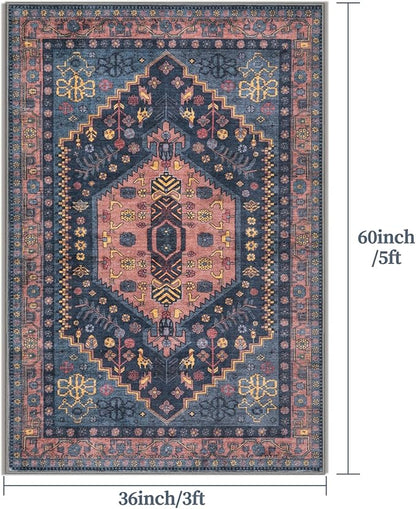 Ciicool 3x5 Area Rug, Washable Boho Rugs for Bedroom Non-Slip Indoor Low-Pile Mat Floor Oriental Carpet Vintage Rug for Kitchen Bedroom Living Room Office Dinning Foyer Decor