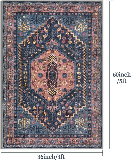 Ciicool 3x5 Area Rug, Washable Boho Rugs for Bedroom Non-Slip Indoor Low-Pile Mat Floor Oriental Carpet Vintage Rug for Kitchen Bedroom Living Room Office Dinning Foyer Decor