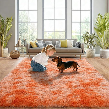 Extra Large Plush Rug High Pile Fluffy Rug for Living Room, Big Plush Non-Skid Shag Carpet, Soft Shaggy Rugs for Bedroom Indoor Modern Home Decor Tie Dye Orange 9x12ft