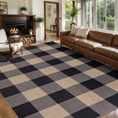 Tangsoo Checkered Easy Jute Rug 5x7 Large Washable Area Rug for Dining Room,Non-Slip Black Grey Indoor Outdoor Rug,Modern Thin Mat Outdoor Carpet for Living Room Bedroom Patio