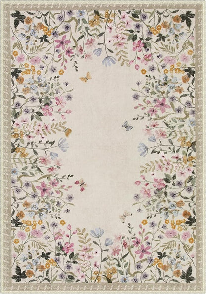 Wonnitar Washable 5x7 Rug for Living Room, Floral Print Large Bedroom Area Rug, Non-Slip Dining Table Throw Mat, Botanical Area Rug Carpet for Entry Basement Dorm (Beige,5'x7')