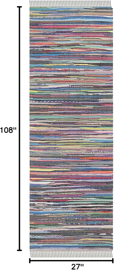 SAFAVIEH Rag Rug Collection Runner Rug - 2'3" x 9', Grey & Multi, Handmade Boho Stripe Cotton, Ideal for High Traffic Areas in Living Room, Bedroom (RAR121M)