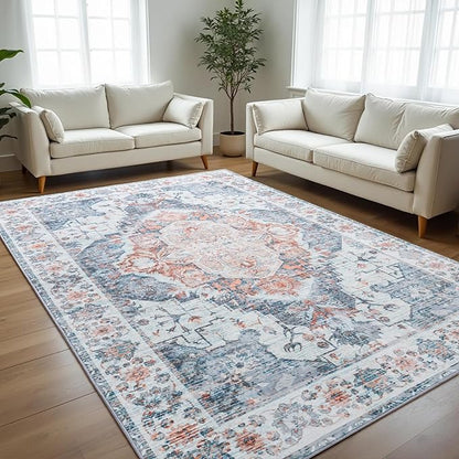 8x10 Area Rugs for Living Room, Machine Washable Non-Slip Low Pile Faux Wool Boho Vintage Carpet, Non-Shedding Large Rug for Bedroom Dining Room Office, Light Blue