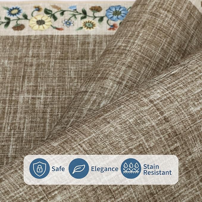 GarveeHome Washable Rugs for Living ROM 8 x 10 Large Area Rug Farmhouse Floral Bordered Bedroom Carpet Indoor Non-Slip Nursery Mat Soft Non Shedding Stain Resistant Carpet for Dining Room, Dark Camel