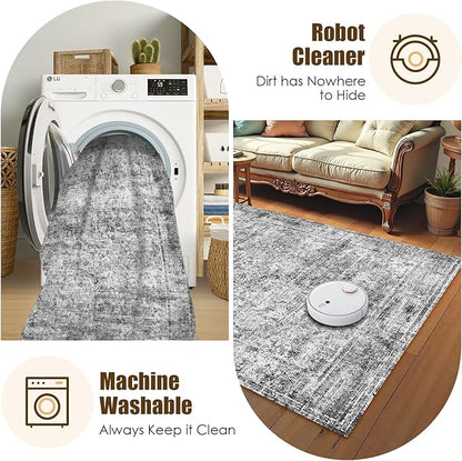 Washable Area Rug 4' x 6' Vintage Traditional Persian Mat - Foldable Distressed Non-Slip Machine Washable Carpet for Living Room Bedroom Kitchen Home Decor - Graphite and Mist