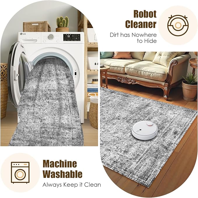 Washable Area Rug 9' x 12' Vintage Traditional Persian Mat - Foldable Distressed Non-Slip Machine Washable Carpet for Living Room Bedroom Kitchen Home Decor - Graphite and Mist