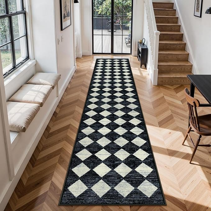 Lahome Checkered Washable 2x12 Runners for Hallways Non Slip, Black Kitchen Bathroom Runner Rugs, Modern Trellis Ultra-Thin Indoor Carpet Runner for Bedroom Dorm Classroom Decor (2'x12',Black)