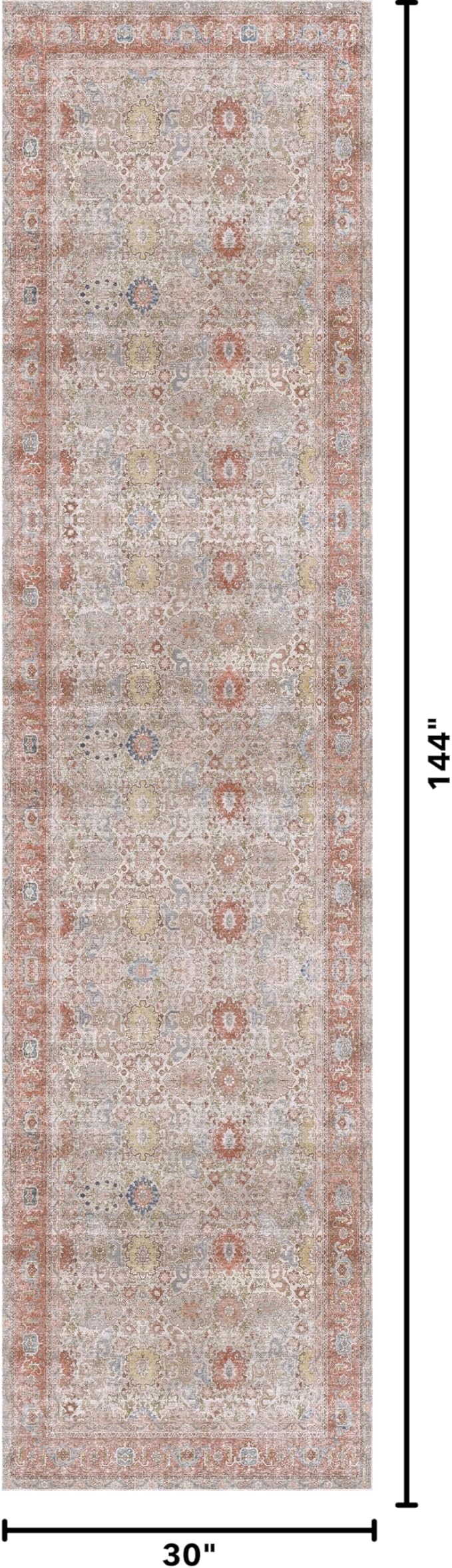 Kuden 2'6"x12 Runner Rug, Machine Washable Area Rug with Non-Slip Backing, Vintage Style, Soft, Easy Clean, Low Pile Rug for Hallway, Entryway, Kitchen, Bedroom