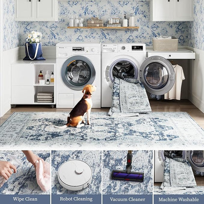 jinchan Fiora Washable Area Rug 3x5 Entryway Rug Distressed Vintage Floral Ultra-Thin Low-Pile Soft Non-Shedding Indoor Floor Carpet for Kitchen Bedroom Entrance Laundry Living Room(3x5ft, Dark Blue)