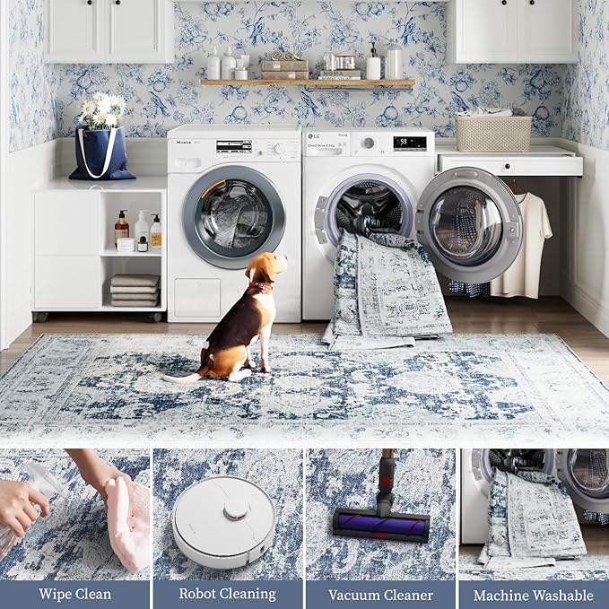 jinchan Fiora Runner Rug 2x5 Washable Hallway Runner- Vintage Floral Non Slip Low-Pile Soft Thin Kitchen Rug Distressed Carpet for Farmhouse Bedroom Entryway Laundry Room(2x5ft, Dark Blue)