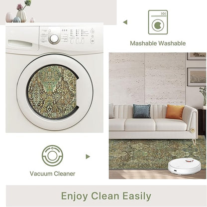 2x7 Runner Rug Machine Washable Boho Runners for Hallway,Ultra-Thin Low Pile Rug,Lightweight Indoor Carpet,Non Slip Floral Runners for Enrtyway, Corridor, Home Office, Kitchen,Sage Green