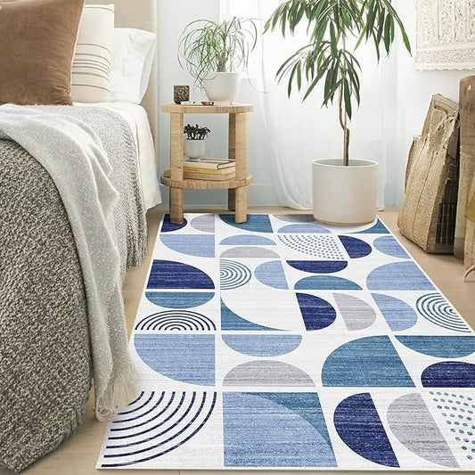 MUJOO 3x5 Rug Washable,Blue Boho Area Rugs for Bedroom Entryway Living Room Bedside,Small Throw Floor Carpet Non Slip Soft Indoor Modern Abstract Navy Blue