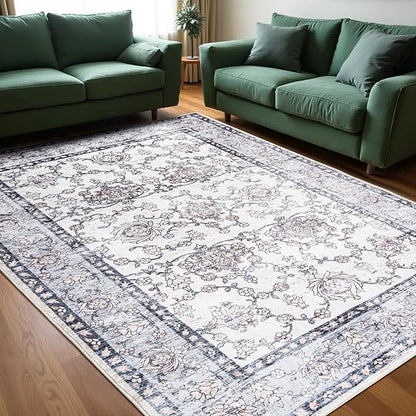Area Rug for Living Room, 8x10 Machine Washable Non Slip Large Faux Wool Throw Rug, 0.3″ Low Pile & Non-Shedding Boho Large Carpet Rugs for for Dining Room, Bedroom, Office (Gray Purple)