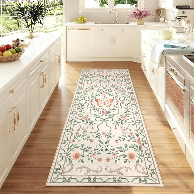 GarveeHome Washable Runner Rug 2x6 Non Slip Hallway Runners Stain Resistant Low Pile Floral Runner Rugs for Kitchen Soft Long Entryway Runner Rugs Beige Boho Throw Carpet for Bedroom Nursery, 2x6