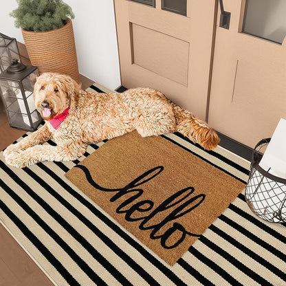 Outdoor Striped Rugs 3'x5', Black and Tan Cotton Hand Woven Front Door Mat,Washable Reversible Front Porch Rug, Foldable Layered Door Mats for Entryway/Home Entrance/Farmhouse