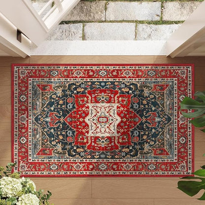 Enkor Area Soft Rugs 2x3 Washable Non Slip Boho Small Floor Entryway Rugs for Living Room Bedroom, Vintage Style Farmhouse Mat for Kitchen Red & Blue