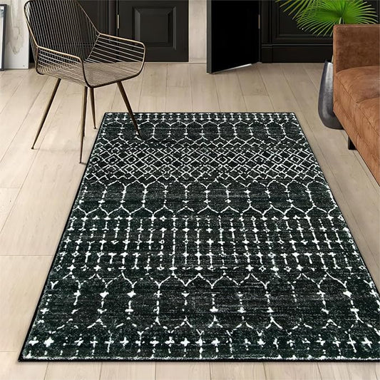 Lahome Moroccan Black Area Rug for Living Room 3x5 Non-Slip Washable Stain Resistant Large Kitchen Rugs Throw Low-Profile Soft Bedroom Carpet Geometric Print Distressed Rug for Entryway Dining Room