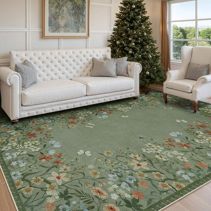 Wonnitar Washable Area Rug 6x9, Green Floral Living Room Rugs, Non-Slip Soft Dining Room Table Rug, Botanical Bedroom Rug Floor Carpet for Mud Room Basement (Green,6'x9')