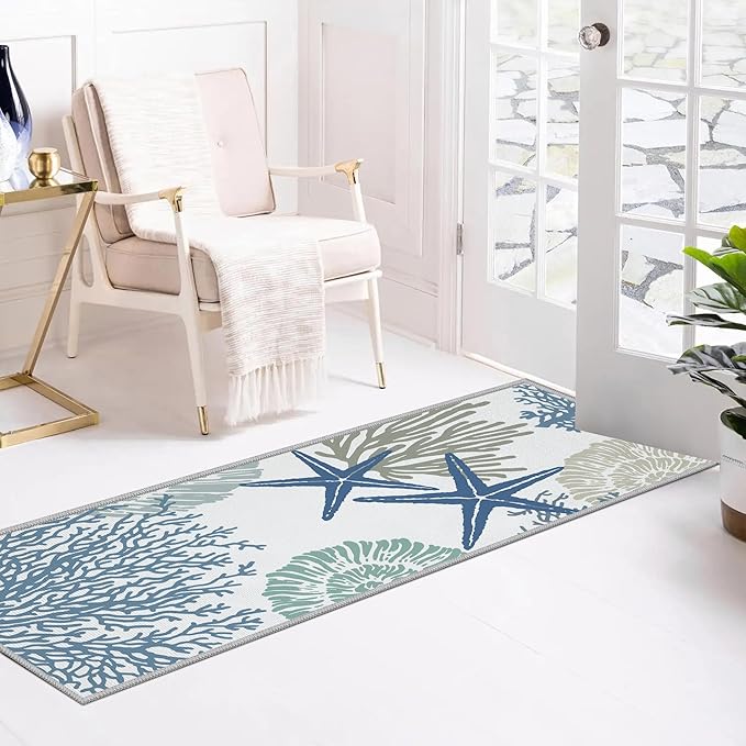 Tritard Coastal Runner Rug 2x6 Nautical Kitchen Hallway Rugs Beach Themed Non-Slip Indoor Floor Mat Machine Washable Rugs Carpet for Bathroom Living Room Bedroom Laundry Room Entryway, Blue