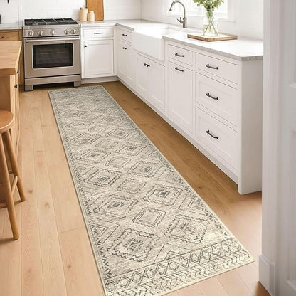 KILOCOCO Hallway Runner Rug 2'x8' Runners for Hallways Washable Runner Rug Non Slip Rubber Backed Low-Pile Runners for Bedroom Kitchen Living Room Laundry Room Boho Rugs, Beige/Gray/Green