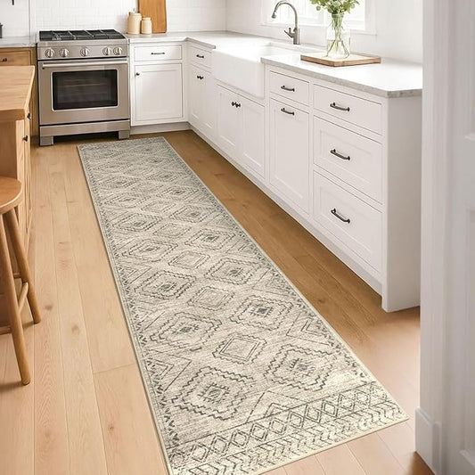 KILOCOCO Hallway Runner Rug 2'x8' Runners for Hallways Washable Runner Rug Non Slip Rubber Backed Low-Pile Runners for Bedroom Kitchen Living Room Laundry Room Boho Rugs, Beige/Gray/Green