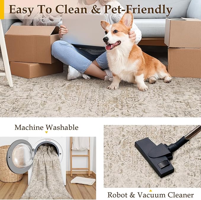 2x3 Washable Beige Area Rug Vintage Entryway Kitchen Carpet Non-Slip Soft Low Pile Distressed Indoor Small Throw Rug for Bedroom Bathroom Entrance