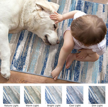 Modern Abstract Kitchen Rug Set of 2, 2x3 and 2x5 Blue Washable Rug Runner Non Slip Kitchen Mat, Soft Faux Wool Throw Carpet for Entryway, Hallway, Bedroom, Bedside, Laundry Room, Office