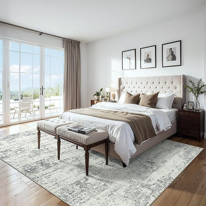 Area Rugs Living Room Rug - 4x6 Washable Modern Abstract Soft Neutral Non-Slip Carpet Large Indoor Floor Stain Resistant Thin Carpets for Bedroom Dining Room Farmhouse Nursery Home Office Grey