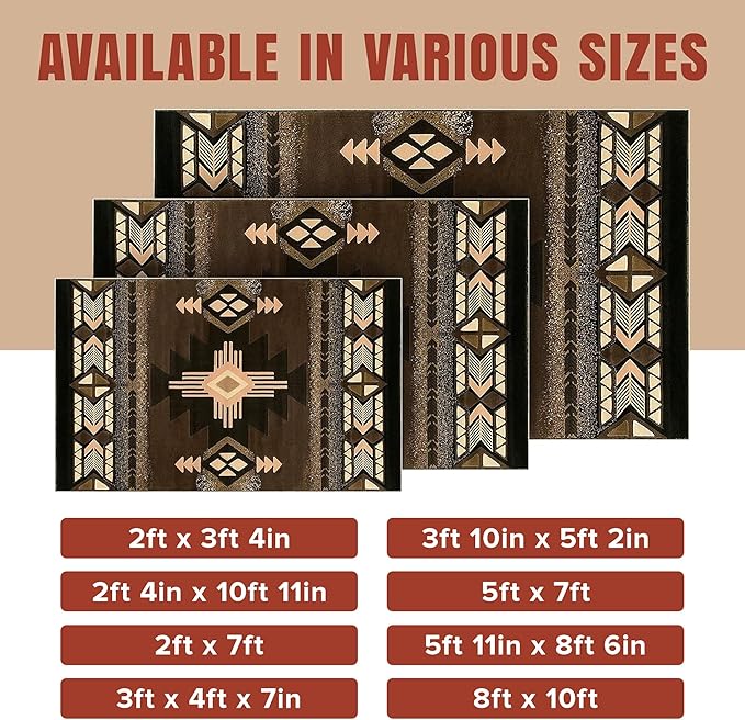 YHSF South West Native American Area Rug C318 - Easy Clean, Thick, Soft, Durable Native Tribal American Indian Inspired Rug for Bedroom/Living Room and More - Chocolate Brown, 2 Feet x 7 Feet