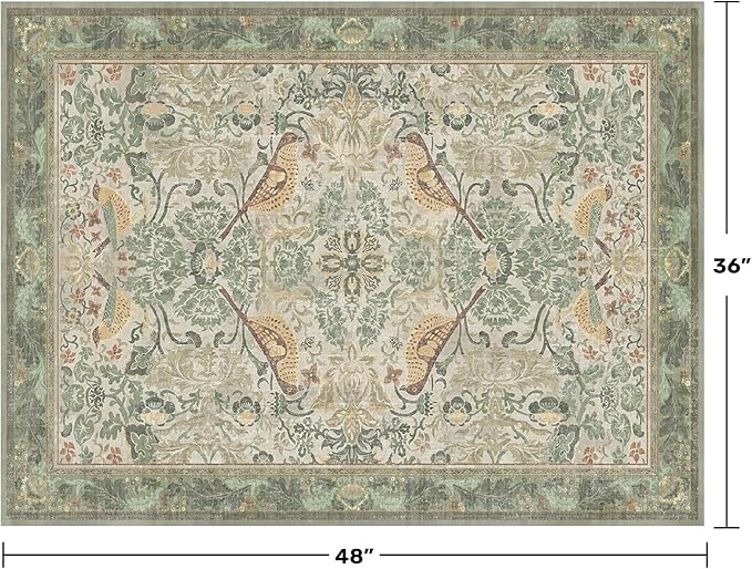Large Entryway Rugs Indoor - Sage Green 3x4 Washable Rugs for Kitchen Bedroom Beside Bed Door Mat Indoor Entrance with Beige Woodland Flowers, Non Slip Stain Resistant Low Pile