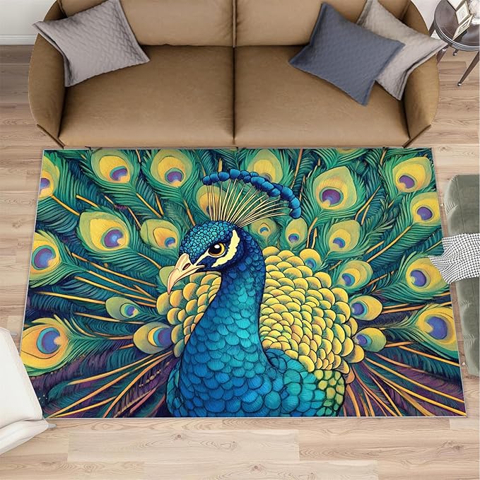 Peacock Rug 5x7-5x7 Rug, Wonderful Peacock Area Rugs for Bedroom, Teal Turquoise Rugs for Living Room, Modern Style Washable Mat, Malachite Green Feather Carpet - Peafowl Home Decor & Gifts