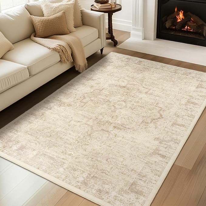 Neutral Beige Area Rugs 5x8, Non Slip Washable Rug for Living Room Bedroom, Medallion Distressed Printed Low Pile Thin Carpet Rugs for Dining Room/Kitchen/Home Office